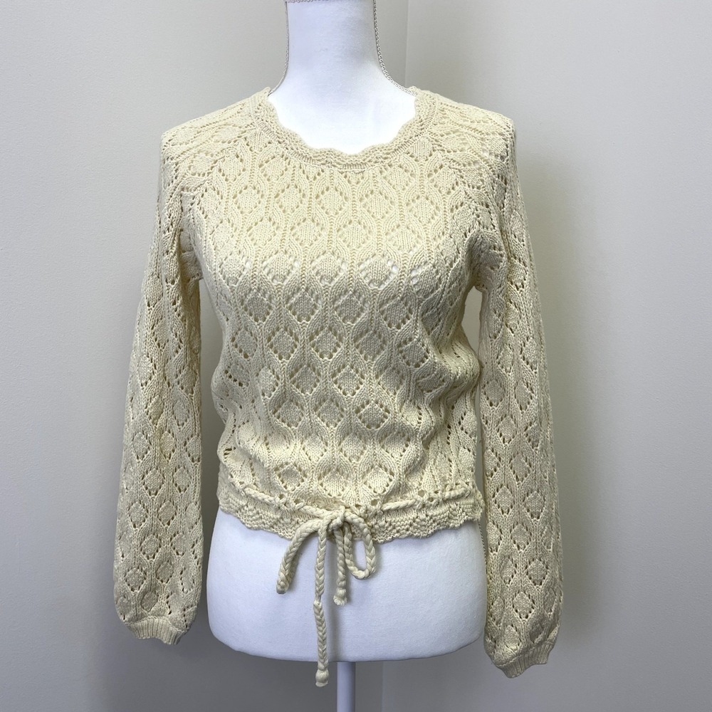 Marine Layer Cream Pointelle Knit Drawstring Sweater XS Diamond Open Knit Boho - Picture 1 of 14